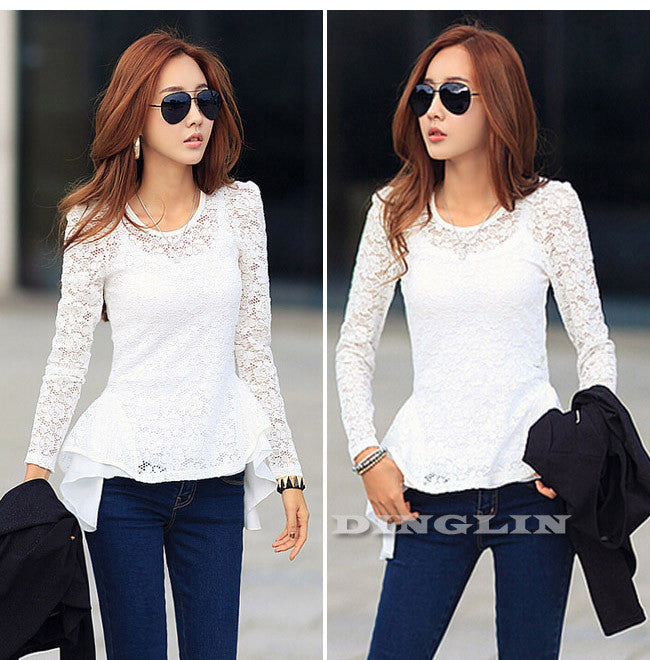 Women Sheer Lace Blouse Office Tops Long Sleeve Floral Slim Fitted Shirt Peplum Top Black Plus Size CL1648