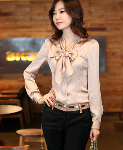 Online discount shop Australia - High Quality Fashion Bowknot V Collar Long Sleeve Satin Blouse S-XXL Three Colors