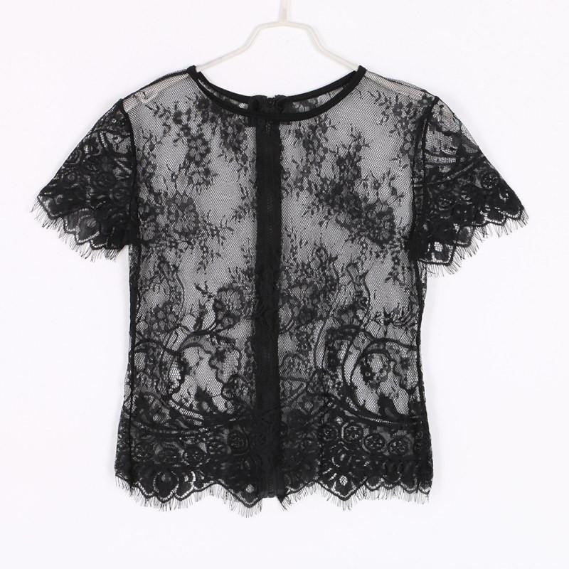 Women Short Sleeve V Neck Vintage Lace Blouse Hollow Out Zipper Back Crop Top Clubwear