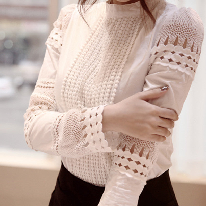 Fashion Women Blouse Elegant Long Sleeve White Cotton Slim Crochet Hollow Lace Shirt Female