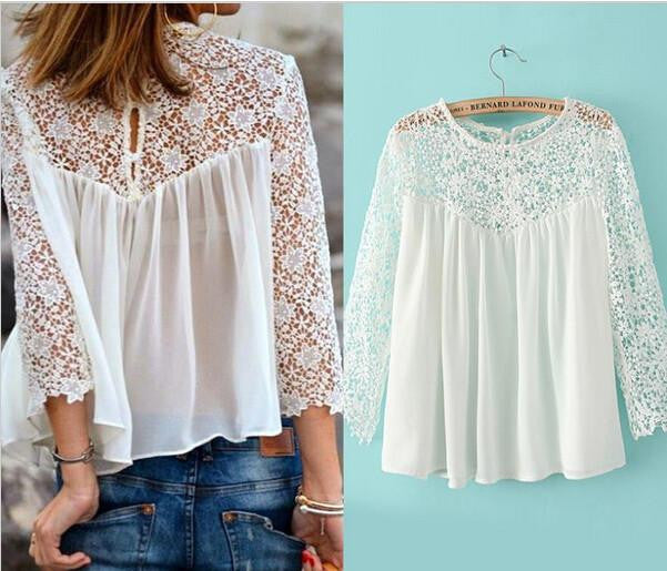 Online discount shop Australia - Buenos Ninos white lace blouse for women chiffon blouses renda blusa long sleeve lac shirt crochet sexy plus size tops women