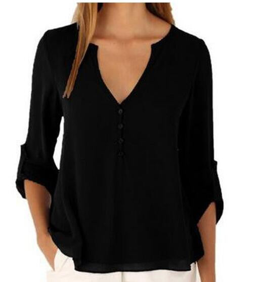 Online discount shop Australia - Blouse New long-sleeved V-neck chiffon shirt loose Women Casual Solid Shirts