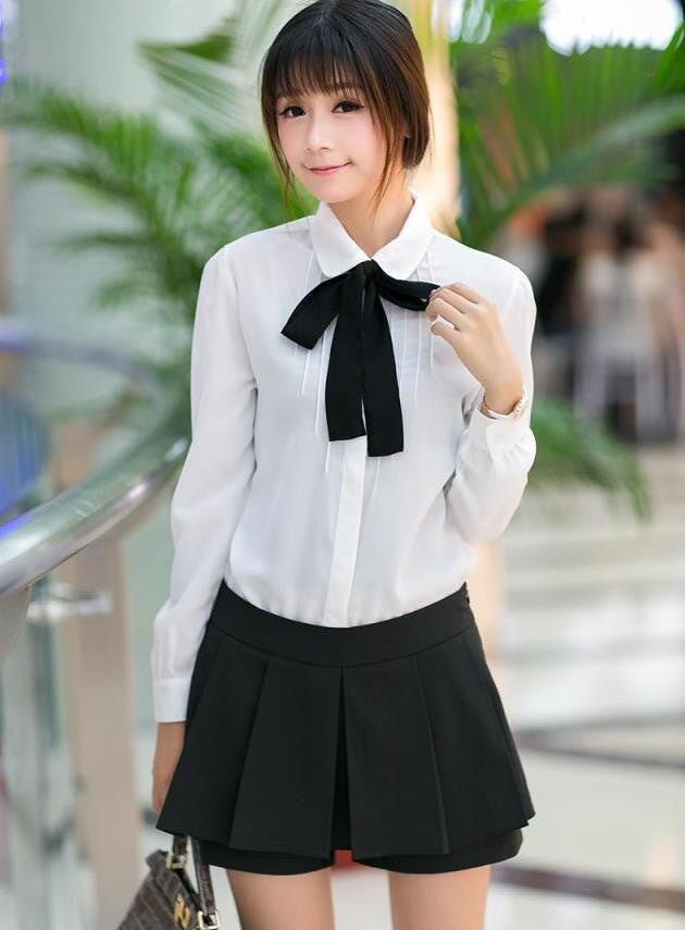 Women White Chiffon Blouse Shirts Fashion Peter Pan Collar Long Sleeve Bow Casual Pleated Tops