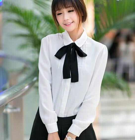 Women White Chiffon Blouse Shirts Fashion Peter Pan Collar Long Sleeve Bow Casual Pleated Tops