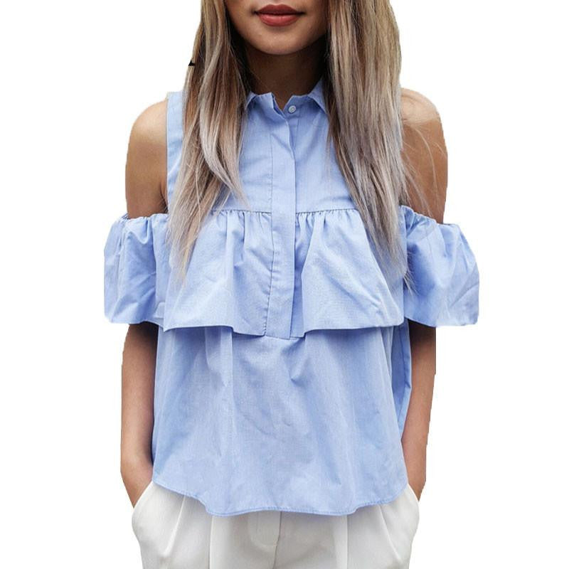 Women Casual Cold Shoulder Ruffles Blouse Shirts Turn Down Blue Casual Tops Ladies