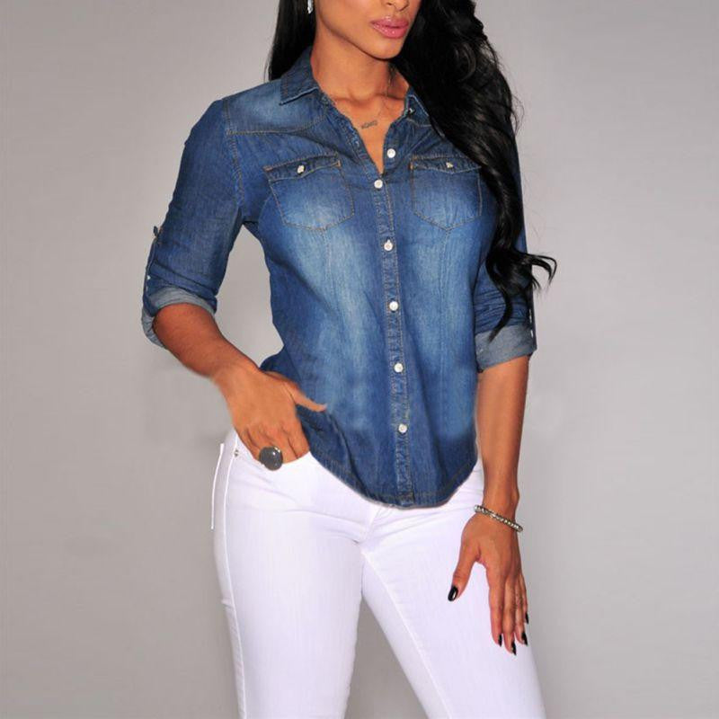 Women Lapel Button Blue Down Denim Jean Shirts Pocket Slim Top Blouse Coat