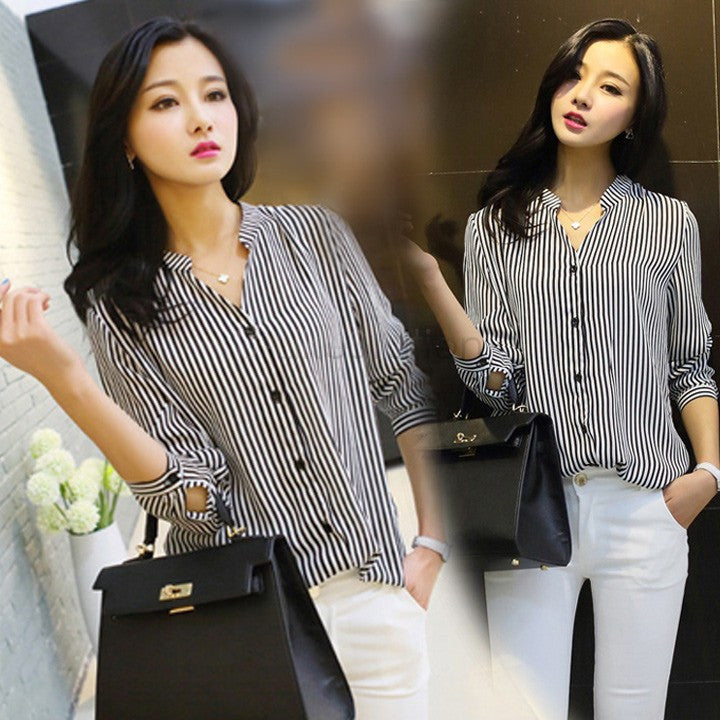 Online discount shop Australia - New  blouse shirts women clothing stripe shirt chiffon blouse women work blouse wear tops