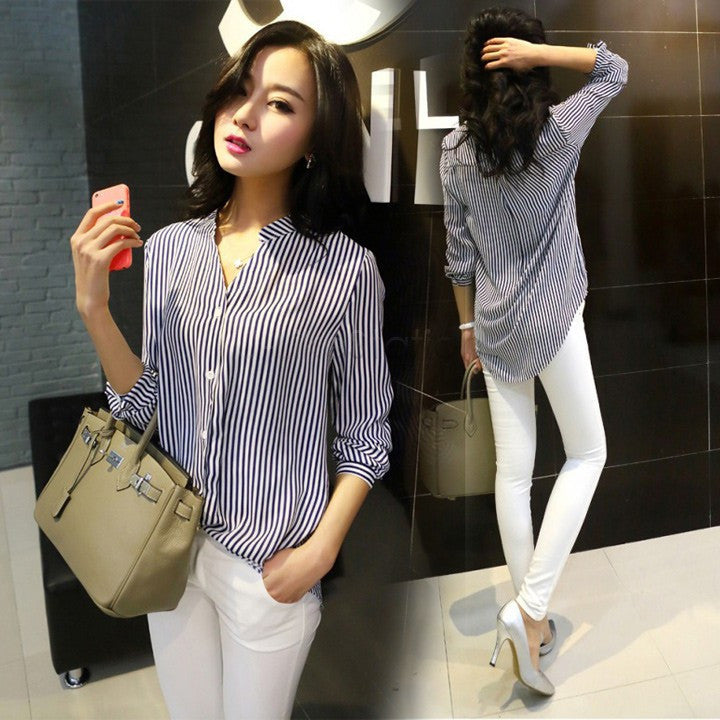 Online discount shop Australia - New  blouse shirts women clothing stripe shirt chiffon blouse women work blouse wear tops