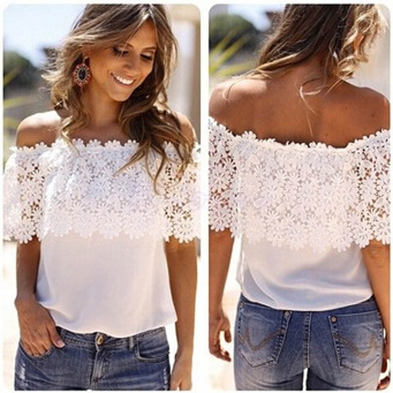 Online discount shop Australia - Fashion Casual Sexy Women Off Shoulder Casual Tops Blouse Lace Crochet Floral Neck Chiffon Shirt White Plus Size #804