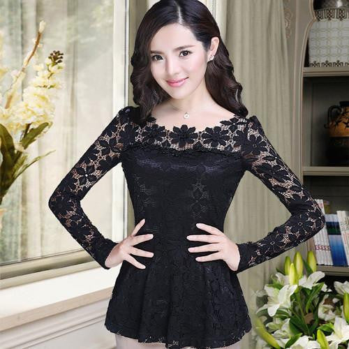 women blouses shirt long sleeve hollow Lace tops Plus size Ruffles women chiffon shirt