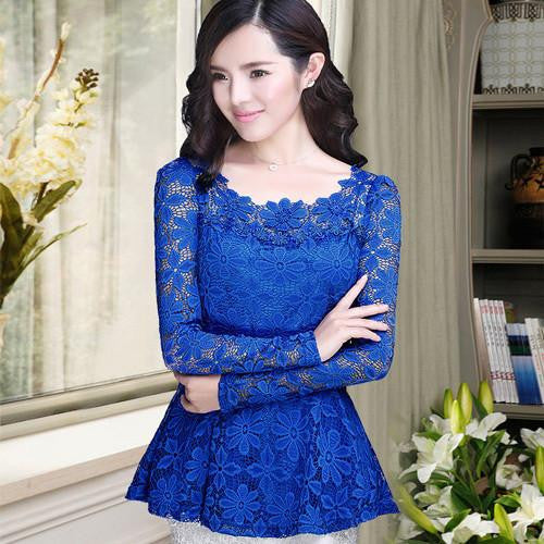 women blouses shirt long sleeve hollow Lace tops Plus size Ruffles women chiffon shirt