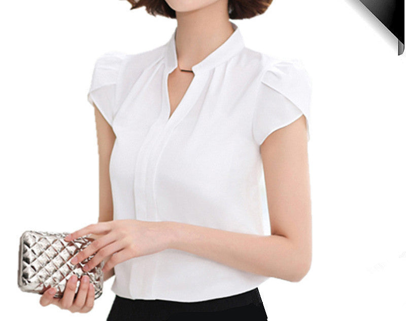 Online discount shop Australia - Chiffon Fashion White Blouse Women Short Sleeve Shirts Female Office v neck lady Shirt New Style