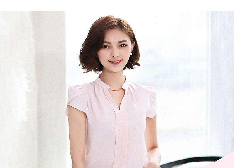 Online discount shop Australia - Chiffon Fashion White Blouse Women Short Sleeve Shirts Female Office v neck lady Shirt New Style