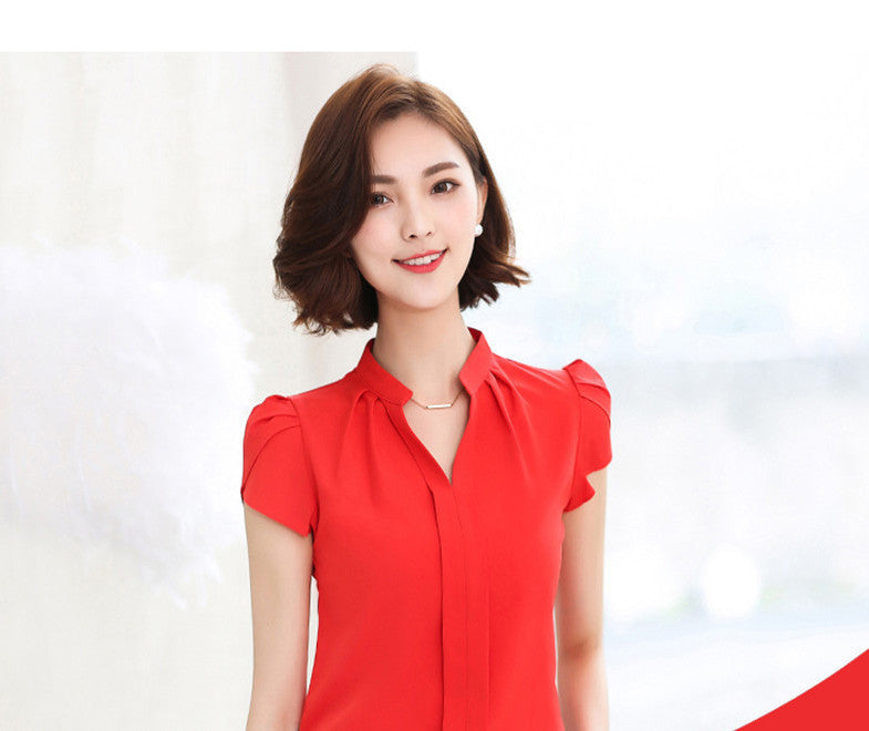 Online discount shop Australia - Chiffon Fashion White Blouse Women Short Sleeve Shirts Female Office v neck lady Shirt New Style