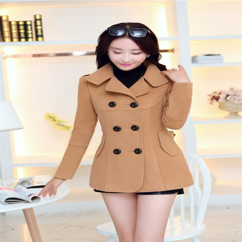 Women Woolen Coats Trench Coat Fashion Solid Double Breasted Overcoat Turn-down Collar Slim Outerwear