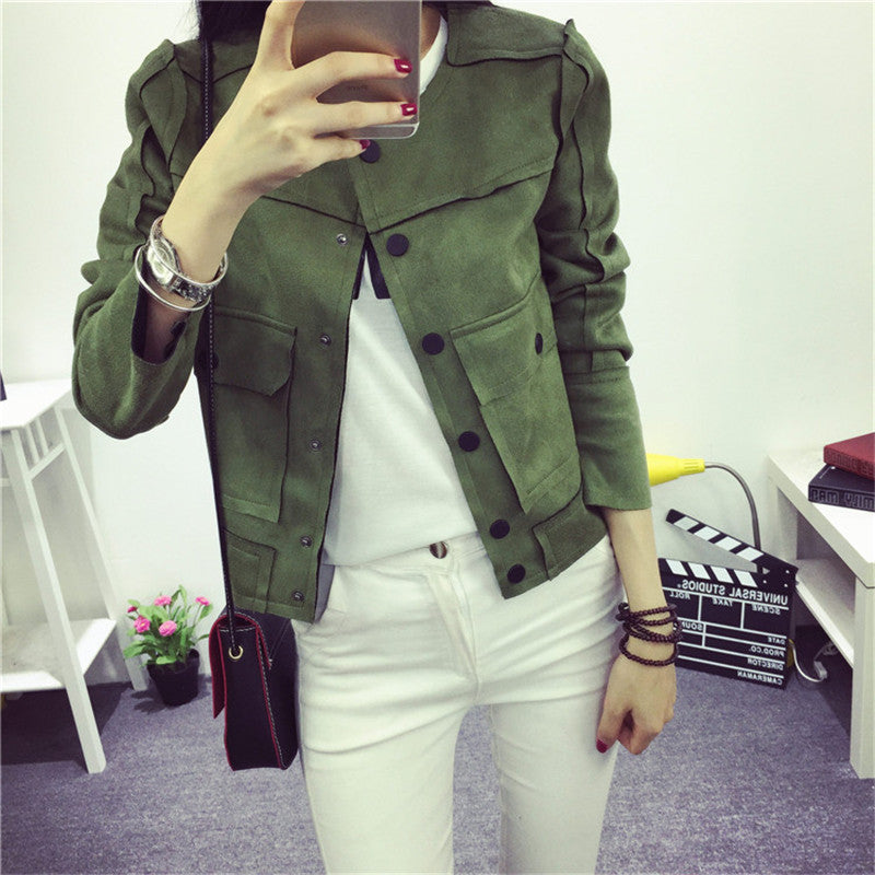 Ladies Soft Suede Jacket Women Vintage Faux Leather casual short Army Green Pink Outwear Tops Slim Wear
