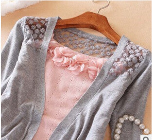 Women Candy Color Irregular Hem Long Sleeve Slim Thin Lace Hollow Out jacket Women Knitted Cardigan Sweater Tops