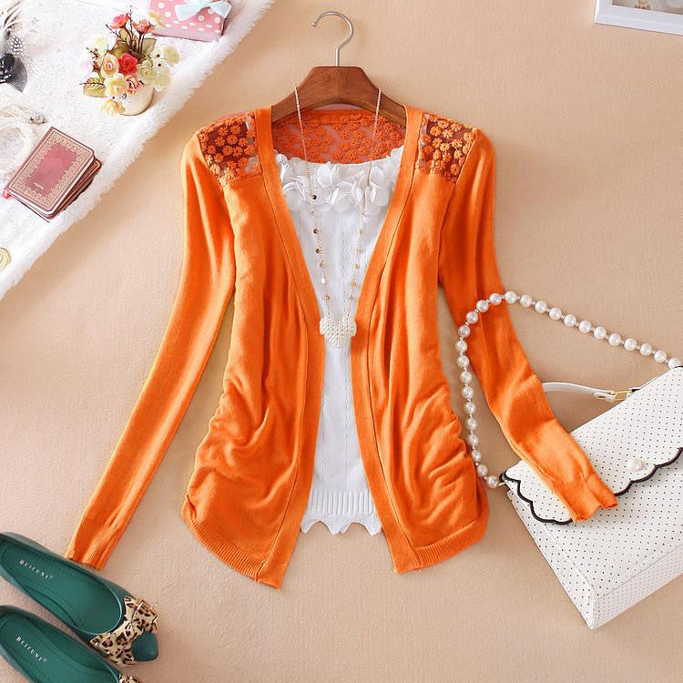 Women Candy Color Irregular Hem Long Sleeve Slim Thin Lace Hollow Out jacket Women Knitted Cardigan Sweater Tops