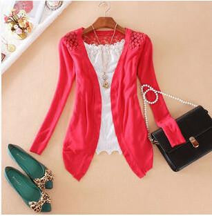 Women Candy Color Irregular Hem Long Sleeve Slim Thin Lace Hollow Out jacket Women Knitted Cardigan Sweater Tops