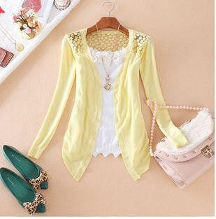 Women Candy Color Irregular Hem Long Sleeve Slim Thin Lace Hollow Out jacket Women Knitted Cardigan Sweater Tops