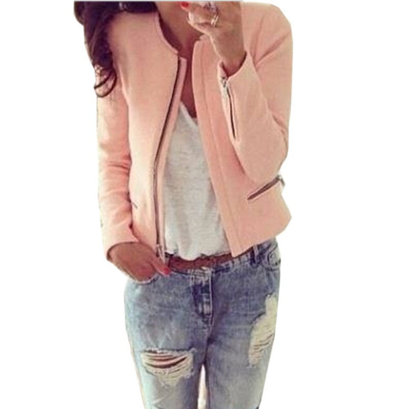 Online discount shop Australia - Jackets for Women Zipper Jacket O-Neck Long Sleeve Pink Tops Women Coat