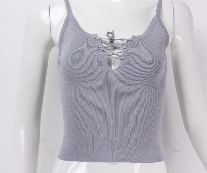 Women Front Cross Bandage Strappy Bustier Casual Crop Tank Top Brandy Melville Knitted
