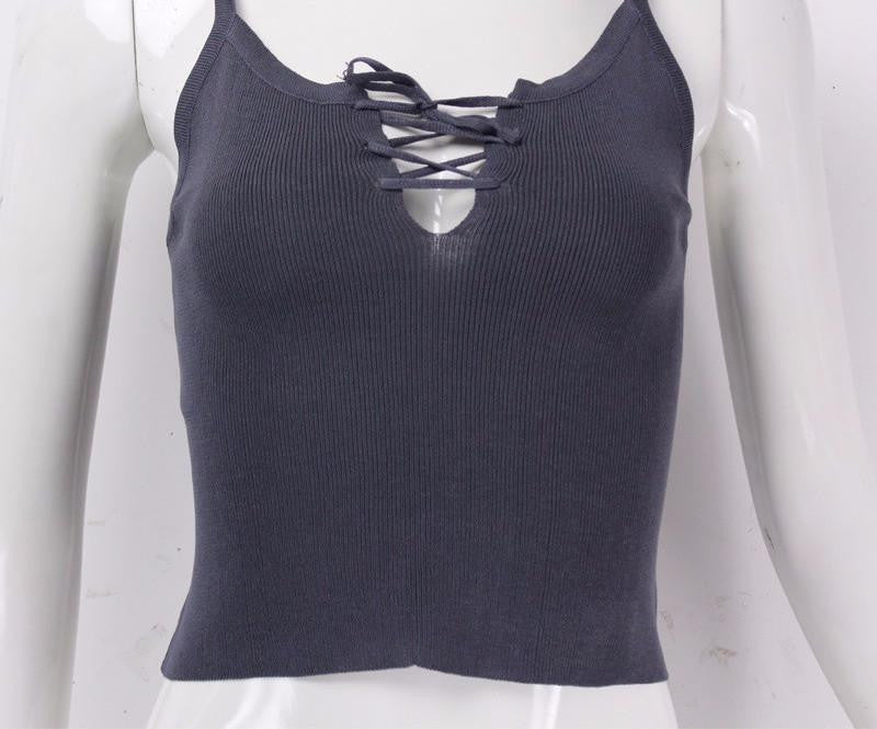 Women Front Cross Bandage Strappy Bustier Casual Crop Tank Top Brandy Melville Knitted