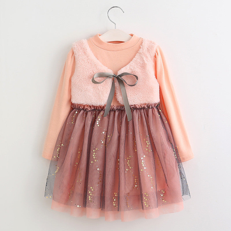 Online discount shop Australia - Girls Dress New Dresses Children Clothing Princess Dress Pink Long Sleeve Wool Bow Design Girls Clothes