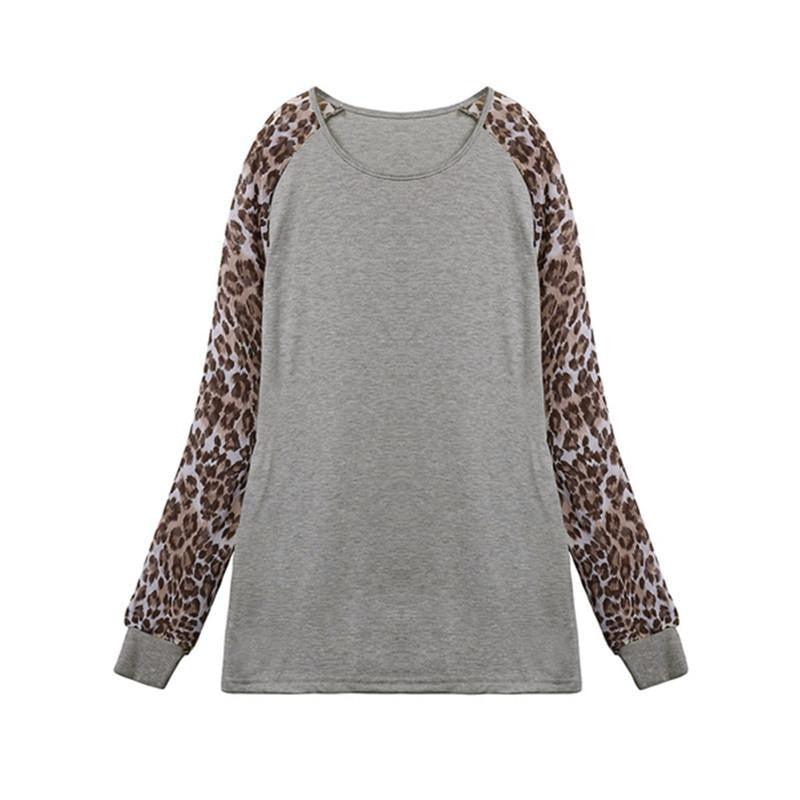 Women Ladies Long Sleeve Leopard Patchwork Loose Casual Tee Tops Casual Plus Size