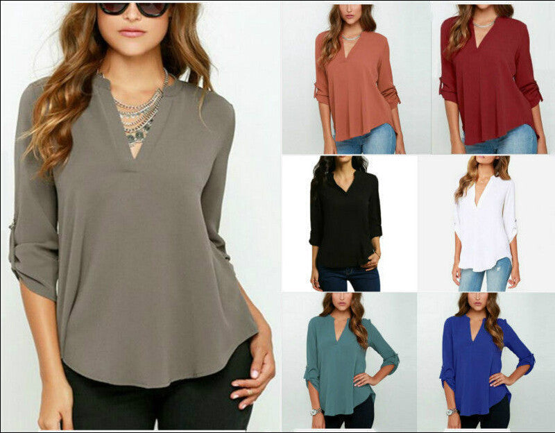 Online discount shop Australia - Half Sleeve Women V Neck Loose Casual Collar Chiffon Shirt Tops