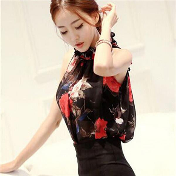 Women Shirt European Fashion Flowers Print Halter Sleeveless Ruffled Neck DH