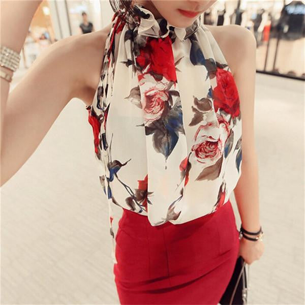 Women Shirt European Fashion Flowers Print Halter Sleeveless Ruffled Neck DH