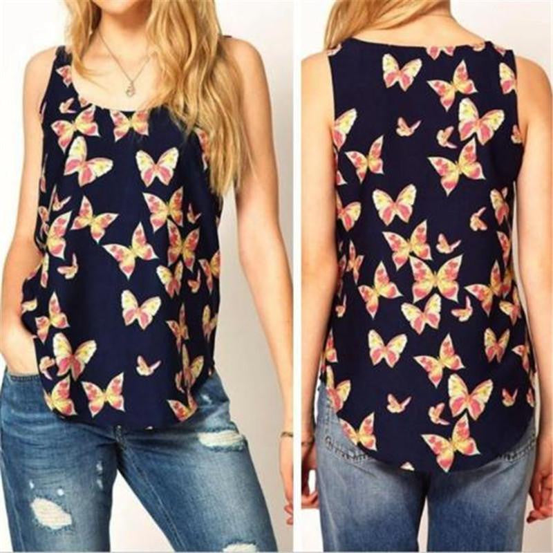 Women Butterfly Print Sleeveless Casual Chiffon T-Shirt Tank Top