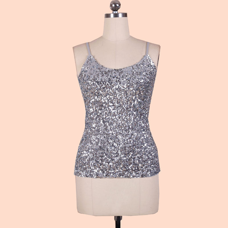 Online discount shop Australia - Europe Fashion spaghetti strap nightclub tank tops Silver Sequin top BLINGSOTRY KR1007-8