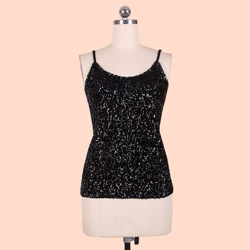 Online discount shop Australia - Europe Fashion spaghetti strap nightclub tank tops Silver Sequin top BLINGSOTRY KR1007-8