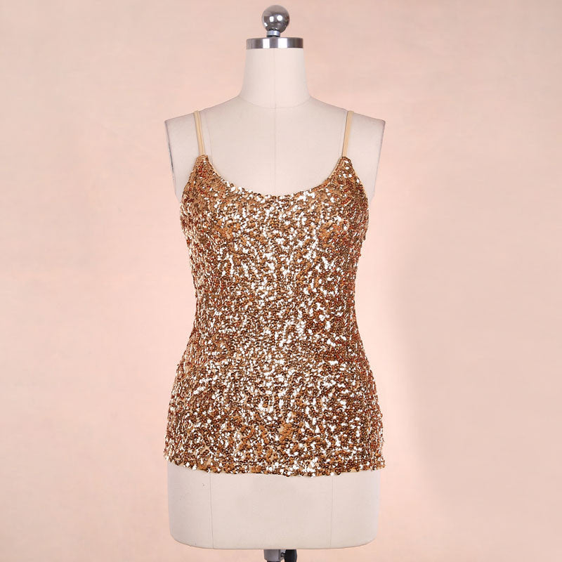 Online discount shop Australia - Europe Fashion spaghetti strap nightclub tank tops Silver Sequin top BLINGSOTRY KR1007-8