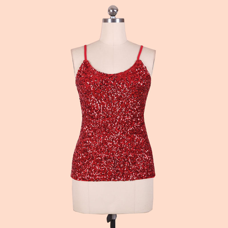 Online discount shop Australia - Europe Fashion spaghetti strap nightclub tank tops Silver Sequin top BLINGSOTRY KR1007-8