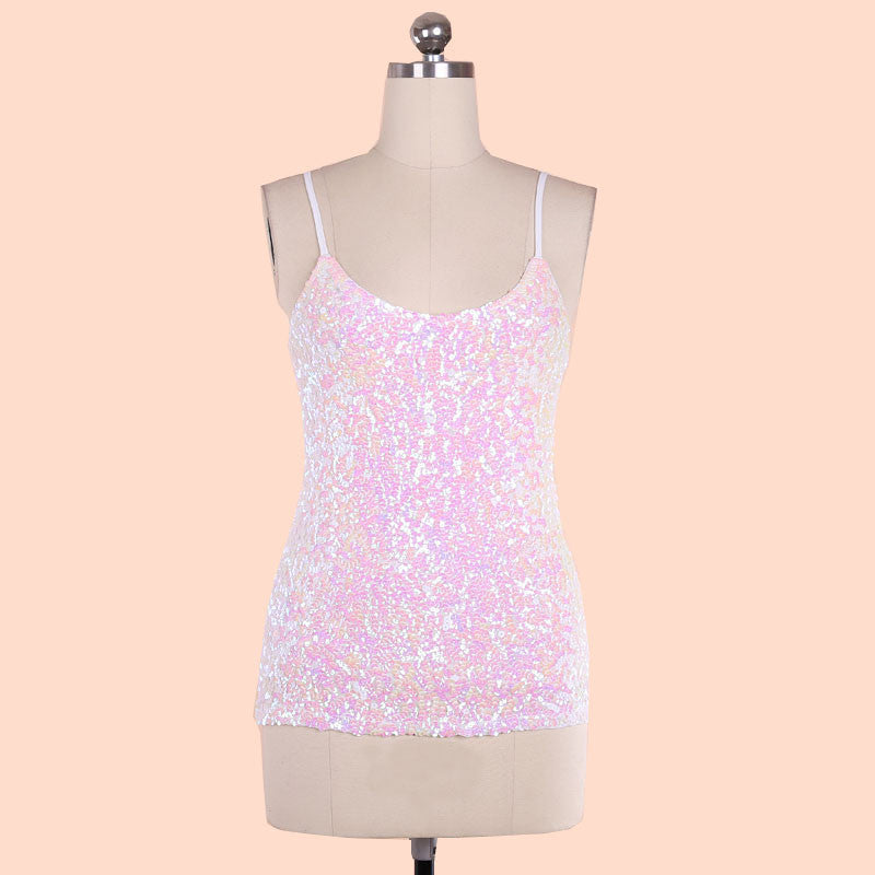 Online discount shop Australia - Europe Fashion spaghetti strap nightclub tank tops Silver Sequin top BLINGSOTRY KR1007-8