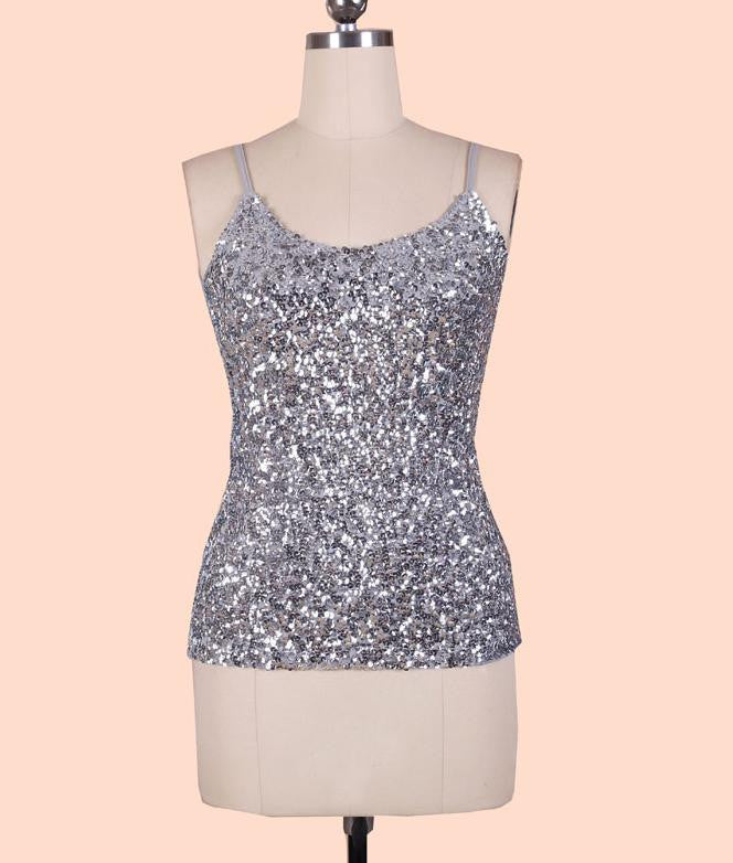 Online discount shop Australia - Europe Fashion spaghetti strap nightclub tank tops Silver Sequin top BLINGSOTRY KR1007-8