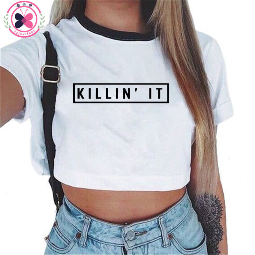Online discount shop Australia - Brand t shirt short Funny Printed Letters Tumblr Tee Shirt  O Neck White Crop Top