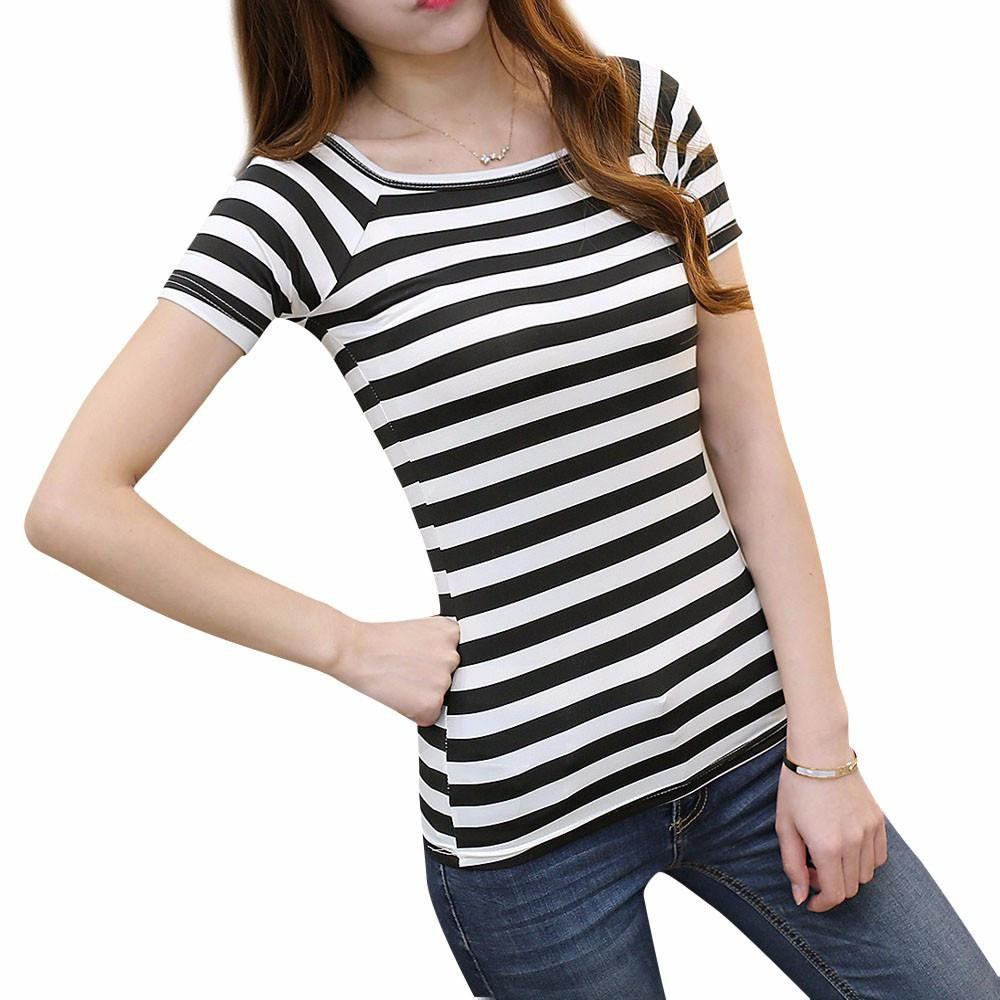 Women Fashion Ladies Tshirt Crop Tops Striped Short sleeved Women Casual Clothing Slim Tops