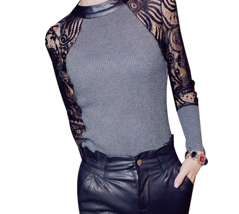 T shirt Women Floral Lace Knitting Night Club Tops M-XL 01011