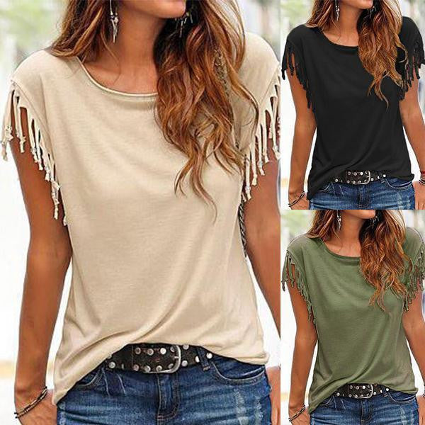 Women T Shirt Tops Knot Tassel Tee Crewneck Slim Fit Fashion Elegant