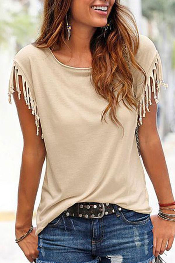 Women T Shirt Tops Knot Tassel Tee Crewneck Slim Fit Fashion Elegant
