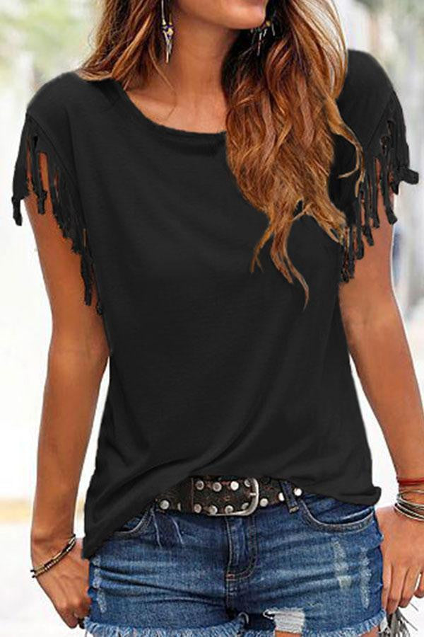 Women T Shirt Tops Knot Tassel Tee Crewneck Slim Fit Fashion Elegant