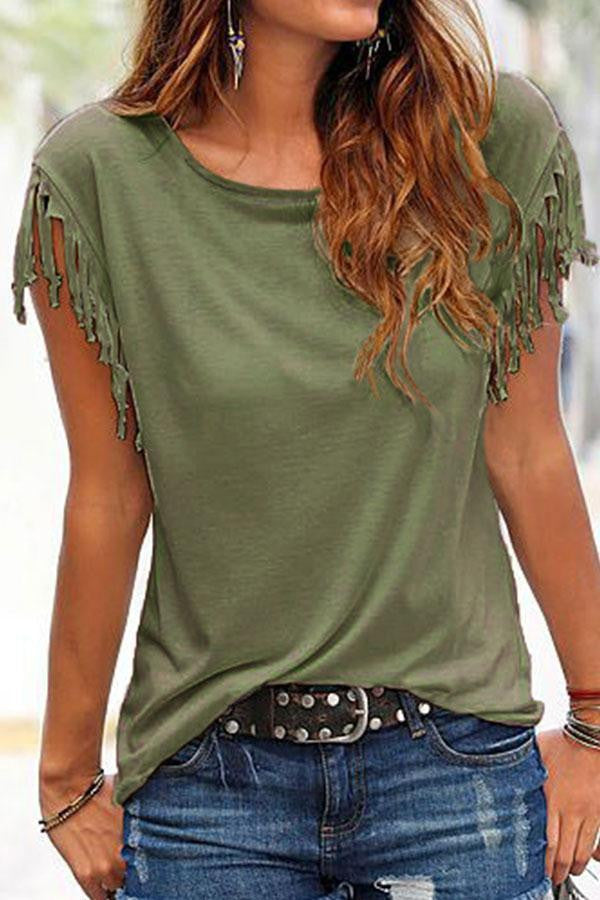 Women T Shirt Tops Knot Tassel Tee Crewneck Slim Fit Fashion Elegant