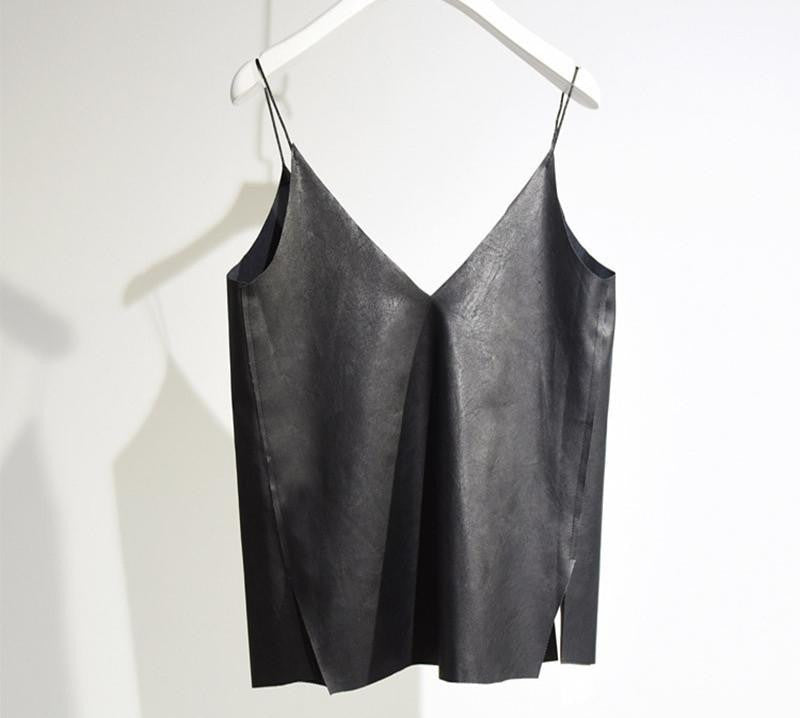 Women's Brief V Neck Camisole Casual Ladies Faux Leather Bottoming Shirt Sides Splits Black Vest For Girls SH158