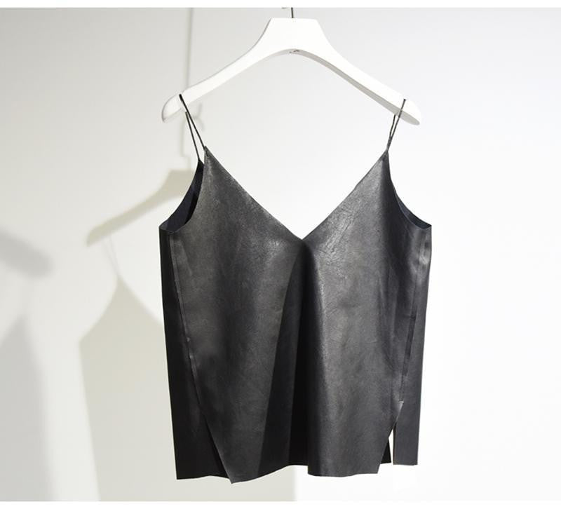 Women's Brief V Neck Camisole Casual Ladies Faux Leather Bottoming Shirt Sides Splits Black Vest For Girls SH158