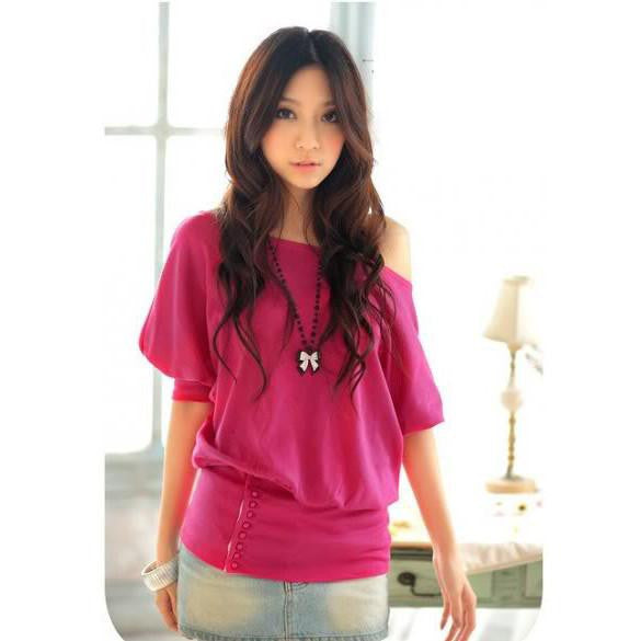 Women Trendy Off Shoulder Female Buttons Top Tees Tshirt Cotton Women 4 colors