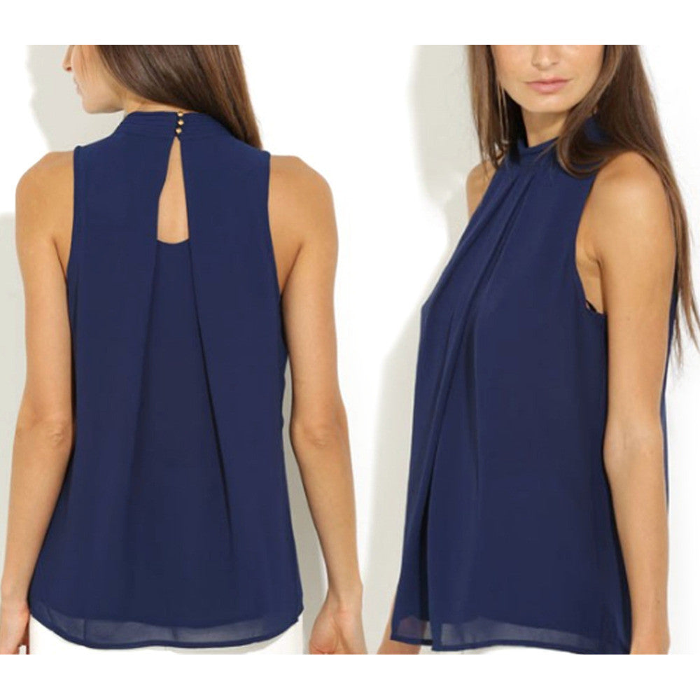 Online discount shop Australia - Fashion Womens Tank top Sexy Chiffon Casual T-shirt Vest Sleeveless Pleated Blue blouse shirt woman Button Back Vest W5